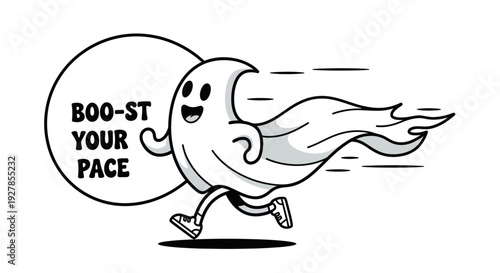 Monochrome cartoon illustration of a happy ghost running fast with speed lines and a speech bubble saying 'BOO-ST YOUR PACE', symbolizing speed and motivation.