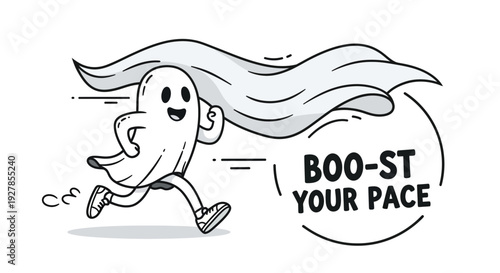 Ghost character running with flowing cape and encouraging phrase