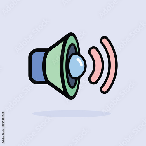 Vector illustration of a colorful cartoon illustration of a green megaphone with a blue handle making an announcement or loudspeaker sound on a light blue background