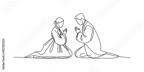 Line drawing of a man and woman in traditional korean hanbok kneeling and praying together. Vector, illustration