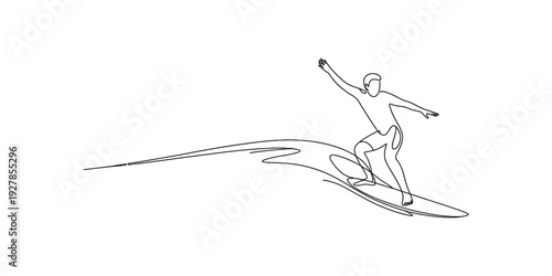 Minimalist line art illustration of a surfer balancing on a surfboard while riding a wave. Vector, illustration