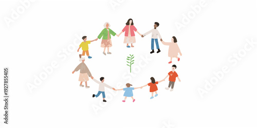 Diverse group of people holding hands in a circle around a plant