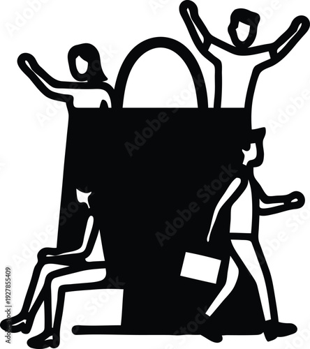 Four people in different poses sitting and standing around large briefcase or luggage bag on white background  business travel