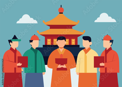 Five men in traditional and modern attire hold books and scrolls during a gathering in front of an ornate pagoda.