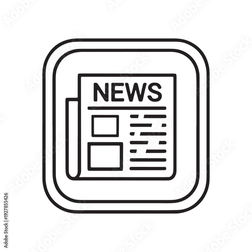 Black outline newspaper icon with "NEWS" headline and text blocks inside a rounded square frame, isolated on white background