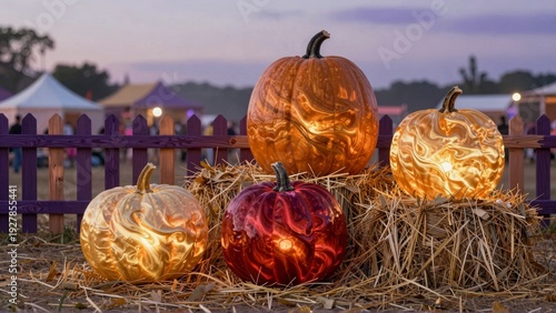 Vibrant pumpkins glowing on hay bales