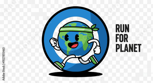 A cartoon Earth character running with a green headband and shoes, set against a blue target, with the text "RUN FOR PLANET".