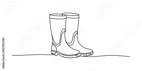 Minimalist black and white line art illustration of a pair of tall rubber rain boots Vector, illustration