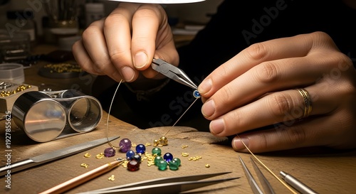 Jeweler crafting handmade jewelry at workbench.