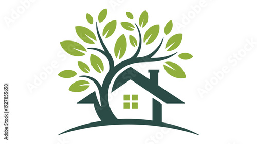 A stylized tree growing from a house symbolizing growth and home stability