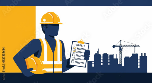 Construction worker in safety gear holding plans with cityscape and crane in background representing building and architecture industry