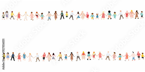 Diverse group of people holding hands in two lines forming a border