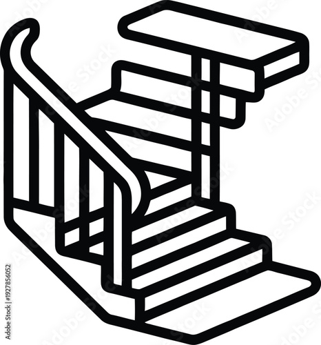 Spiral staircase with railing and steps going up  modern home interior design element  simple line drawing