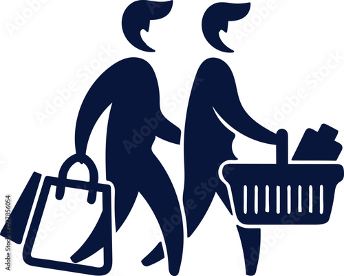 Two people walking with shopping bags and cart  everyday life scene