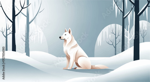 White dog sitting alone in snowy forest landscape with bare trees and icy background