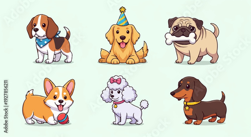 Cute cartoon dogs in various breeds and poses on a light green background for design use