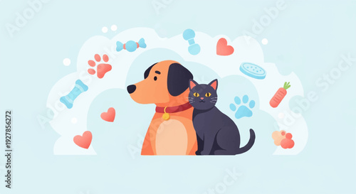 Friendly dog and cat sitting together surrounded by pet accessories and symbols on a light blue background