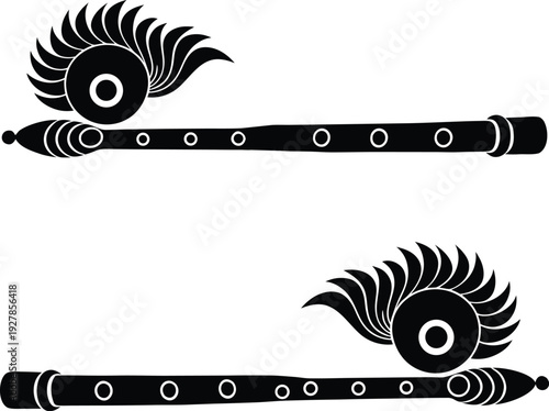 Two Stylized Black Flutes with Ornate Decorations Vector