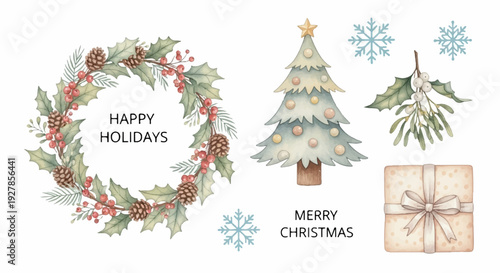 Christmas decorations with wreath tree gift and snowflakes on white background for holiday greeting cards