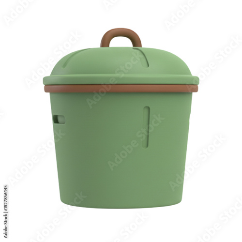 Cute green compost bin with brown lid and handle, 3D animation design of a sustainable home item