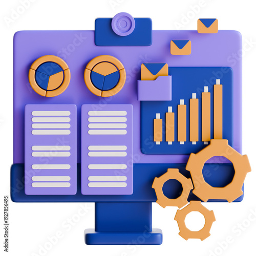3D Digital Illustration of a Computer Screen Displaying Data Analytics and Growth Charts with Gears