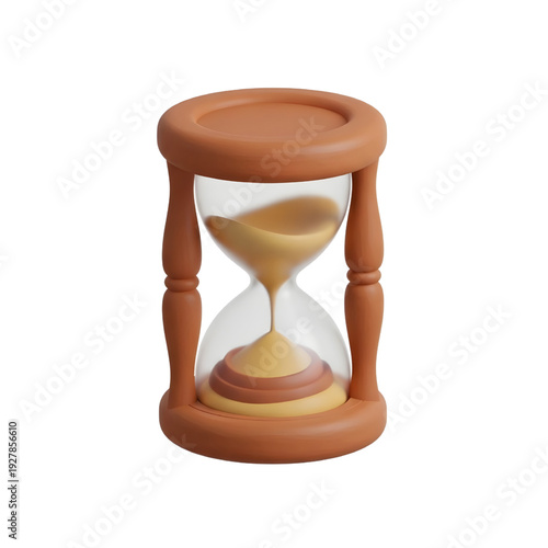 A detailed 3D illustration of an hourglass with golden sand flowing, representing the passage of time and the concept of waiting