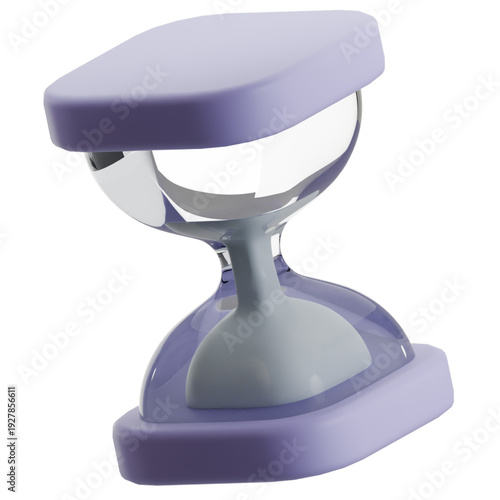 Modern 3D hourglass illustration symbolizing time passing, a conceptual design with a translucent glass and purple base, perfect for representing deadlines or project management