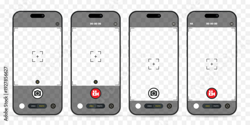 Smartphone Camera Interface Screen Mockup Set. Photo and Video Recording UI with Focus Frame on Transparent Background Vector Illustration