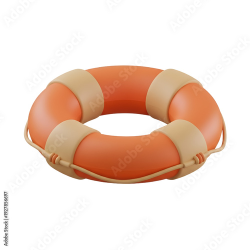 Orange life preserver ring with tan straps, a safety device for water rescue, isolated on a white background, 3D render