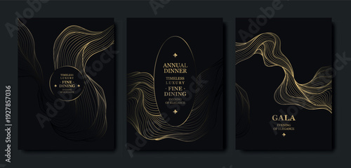 Luxury black and gold gala background, elegant line pattern, art deco frame. Premium vector design abstract curves, VIP invitations, award ceremonies, weddings, birthday dinners
