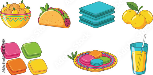 Colorful snack food icons set with cookies taco crackers citrus fruits sweets and juice cute flat vector illustration isolated