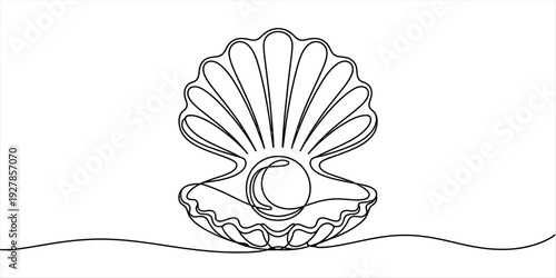 Minimalist continuous line art oyster with pearl inside