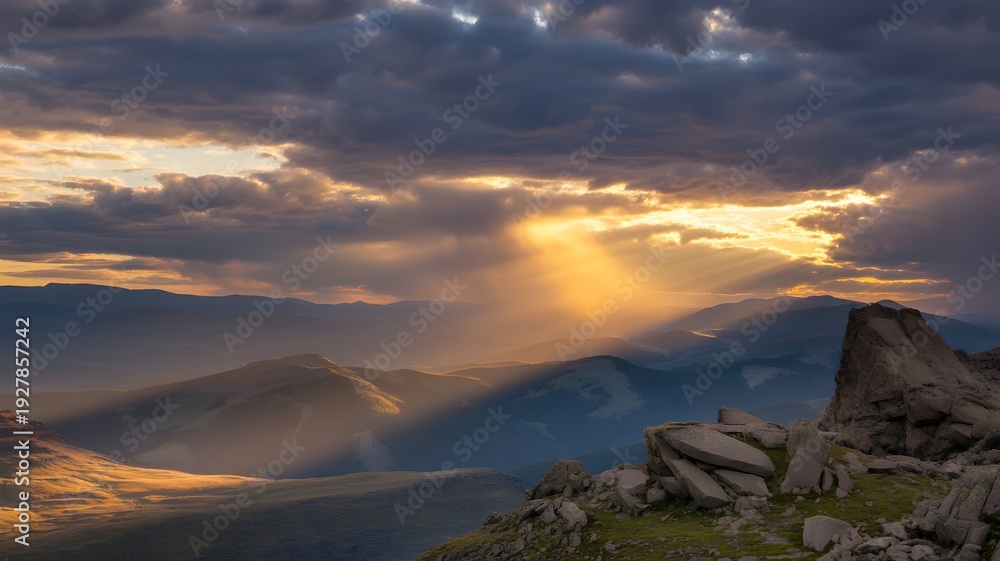 Naklejka premium Majestic mountain landscape with golden sunlight breaking through clouds, dramatic sky, serene wilderness scenery, travel destination, and peaceful nature concept