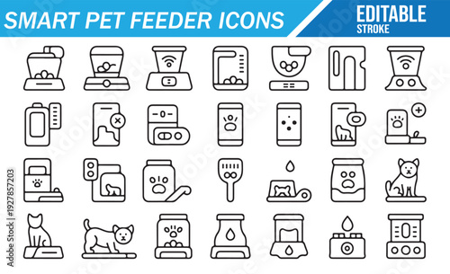 WiFi Pet Feeder and Smart Bowl Line Icon Collection