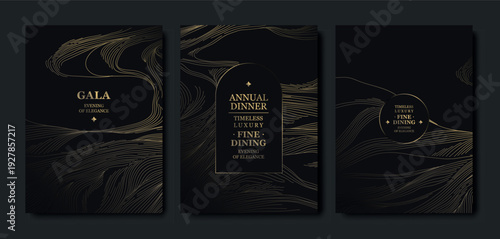 Luxury black and gold gala background, elegant line pattern, art deco frame. Premium vector design abstract curves, VIP invitations, award ceremonies, weddings, birthday dinners