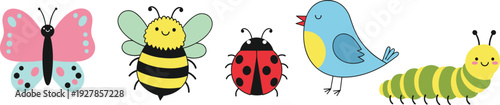 Cute cartoon animals and insects icons set with butterfly bee ladybug bird caterpillar colorful flat vector illustration