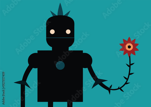A dark robot with white eyes and spiked head holds a thorny red flower on a curved stem against a teal background.