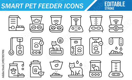 Smart Pet Feeder Line Icons – Automatic Cat and Dog Feeding Set