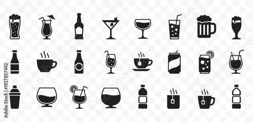 Diverse Drinks and Beverages Icons Set: Alcoholic, Coffee, Tea, Soda, Water. Flat Vector Collection for UI UX and Web Design.