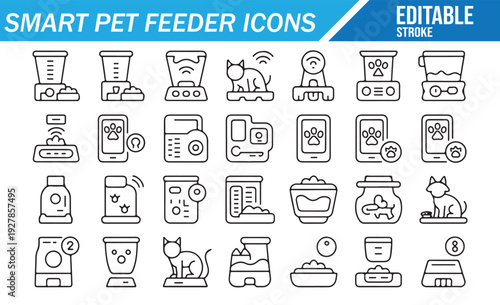 Smart Pet Feeder Icons Set – Automatic Cat and Dog Feeding System, Pet Care Technology, App Controlled Dispenser Line Vector Collection