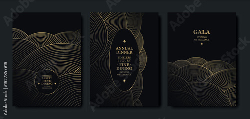 Luxury black and gold gala background, elegant line pattern, art deco frame. Premium vector design abstract curves, VIP invitations, award ceremonies, weddings, birthday dinners
