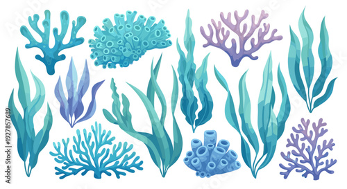 Vibrant underwater coral reef and seaweed collection in shades of blue and purple, perfect for marine life and ocean themes