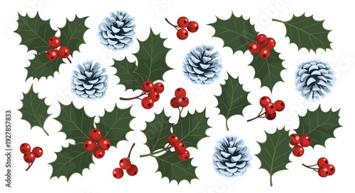 Festive Winter Holiday Pattern Seamless Background of Holly Berries and Frosted Pine Cones Ideal for Christmas and New Year Celebrations