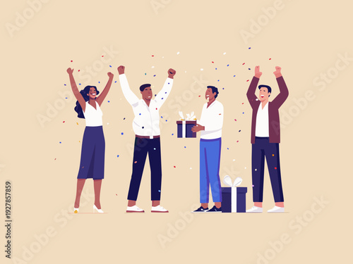 Diverse group of people celebrating with raised hands and gift boxes