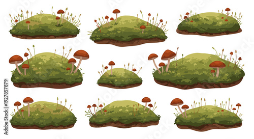Collection of nine mossy mounds with small mushrooms and grass sprouts, isolated on a white background, representing a forest floor element