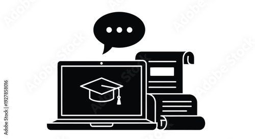 Online learning concept a laptop displaying a graduation cap and chat bubble