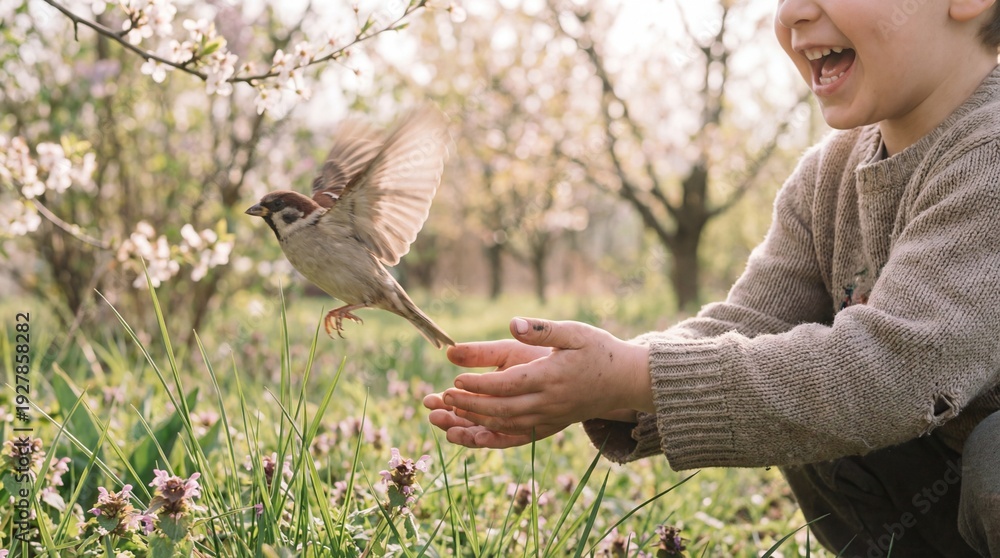Fototapeta premium Little kid smiling with open mouth as a small sparrow bird takes flight from child hand outdoors in a spring garden. Nature connection and happy childhood concept.