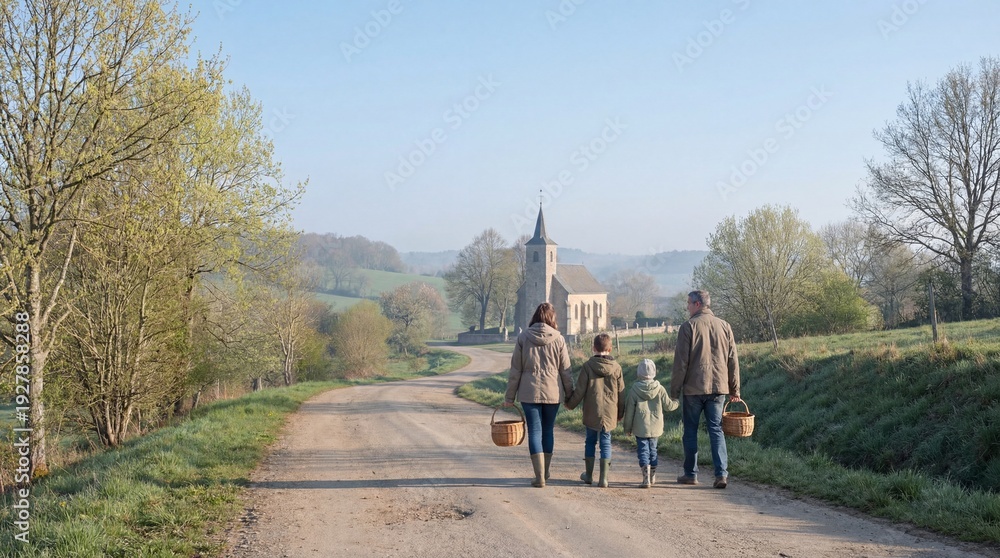 Fototapeta premium Family, man, woman, son, daughter walking countryside road toward church. Enjoying rural landscape and outdoor adventure. Country living.