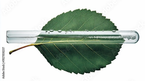 Glass tube rests on a large green leaf with water droplets, highlighting a scientific concept