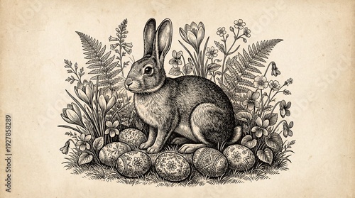 Rabbit illustration with decorated eggs in spring flowers. Vintage Easter concept for greeting card and seasonal design.